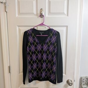 McDuff‎ 100% Cashmere Women Purple & Black Argyle Long Sleeve Sweater - Size XS
